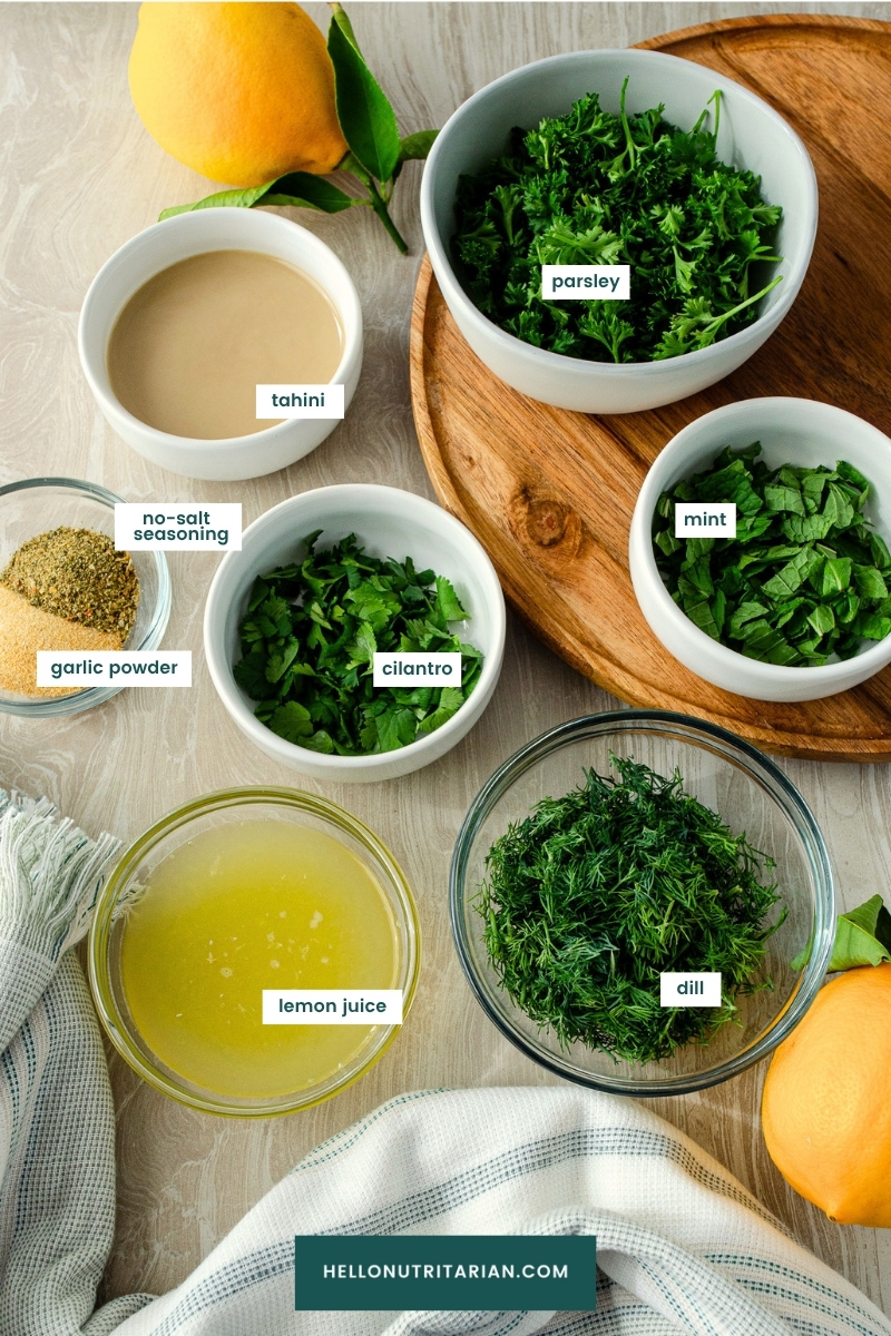 ingredients to make a healthy oil free herb tahini dressing sauce